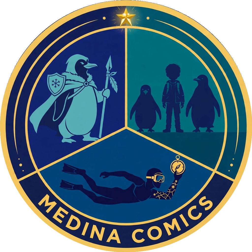 Medina Comics crest — the first crest, three worlds